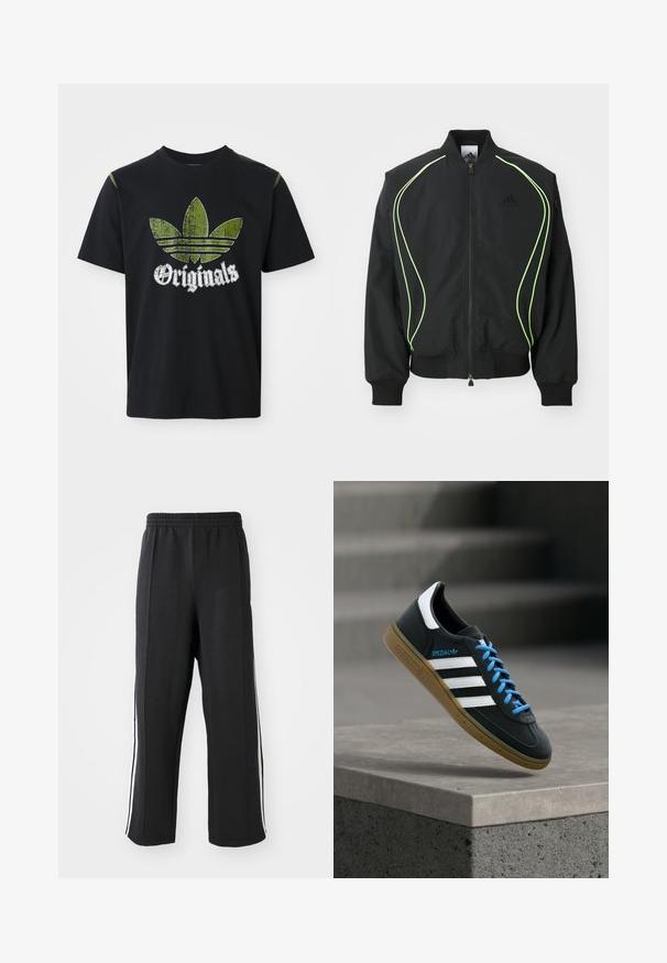 Čierna bombr jacket s neonovo zeleným lemovaním, rebrovanými manžetami a golierom. Má predný zips a bočné vrecko na zips. Vyrobené z ľahkého materiálu.; Čierne bavlnené tričko s roztrhnutým zeleným grafickým dizajnom so tromi pruhmi a slovom "Originals" pod ním v bielej farbe, okrúhly výstrih, krátke rukávy.; Čierne teplákové nohavice s elastickým pásom, s bielymi bočnými pruhmi a voľným strihom. Vyrobené z mäkkej, elastickej tkaniny.; Čierna teniska Adidas s bielymi pruhmi, modrými šnúrkami a gumovou podrážkou, ktorá sa vznáša nad sivým betónovým schodom v mäkkom svetle.