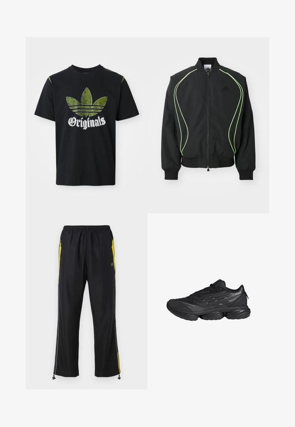 Schwarze Bomberjacke mit neongrüner Paspelierung, gerippten Bündchen und Kragen. Verfügt über einen Reißverschluss vorne und eine seitliche Reißverschlusstasche. Hergestellt aus leichtem Material.; Schwarzes Baumwoll-T-Shirt mit einem abgenutzten grünen Grafikdesign, das drei Streifen zeigt, sowie dem Wort "Originals" darunter in Weiß. Rundhalsausschnitt, kurze Ärmel.; Schwarze Sporthosen mit gelben Seitenakzenten, elastischem Bund und mit Reißverschlüssen versehenen Seitentaschen. Hergestellt aus leichtem, glattem Stoff.; Schwarzer Sportschuh mit dicker segmentierter Sohle, strukturiertem Obermaterial und Schnürverschluss, seitlich vor weißem Hintergrund gezeigt.