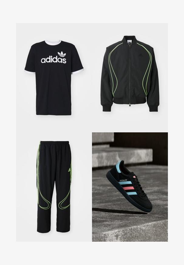 Sort bomberjakke med neongrønne detaljer, ribbede manchetter og krave. Har lynlås foran og sidelomme med lynlås. Lavet af letvægtsmateriale.; Sort bomulds T-shirt med hvid rund halsudskæring og ærmekanter. Har stort hvidt "adidas" logo og trefoil emblem på fronten.; Sorte Adidas sportbukser med neongrønne buede linjer og tre striber på siderne, elastisk livrem og Adidas-logo på forsiden af låret.; Sort Adidas Spezial sneaker med blå og pink striber, svævende over en tekstureret grå betonoverflade med skygge nedenunder.