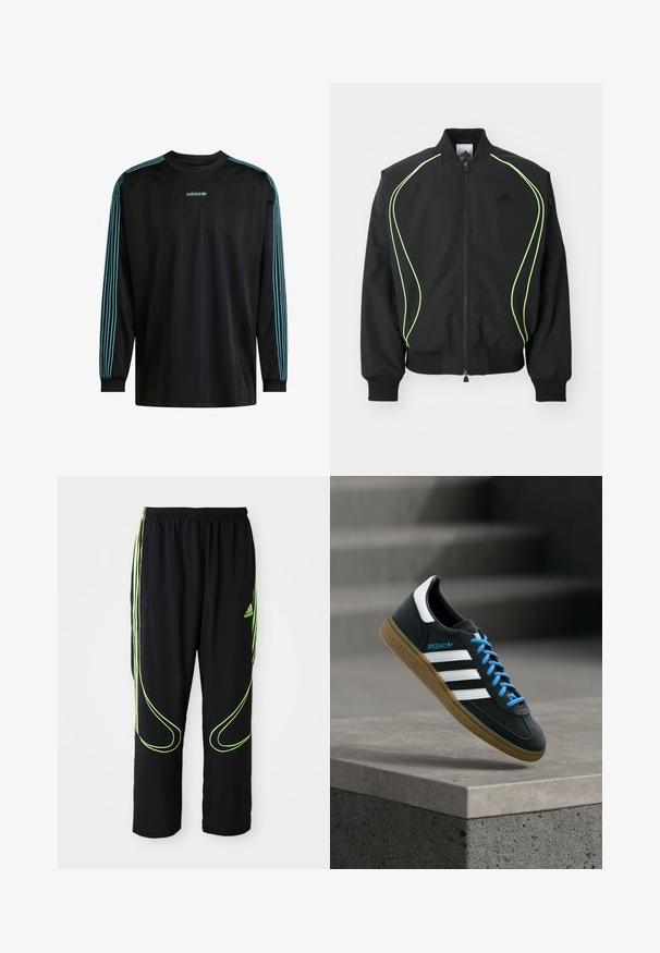 Μαύρο bomber jacket με φωσφορούσα πράσινη ραφή, ριγωτούς κορμούς και γιακά. Διαθέτει φερμουάρ μπροστά και τσέπη με φερμουάρ στο πλάι. Κατασκευασμένο από ελαφρύ υλικό.; Μαύρο μακρυμάνικο πουκάμισο με ριμπ κολλάρο, με τρεις τυρκουάζ ρίγες σε κάθε μανίκι και λογότυπο Adidas στο στήθος.; Μαύρα αθλητικά παντελόνια Adidas με νεον πράσινες καμπύλες γραμμές και τρεις ρίγες στα πλάγια, ελαστική μέση και λογότυπο Adidas στο μπροστινό μπούστο.; Μαύρο αθλητικό παπούτσι Adidas με λευκές ρίγες, μπλε κορδόνια και καουτσούκ σόλα να αιωρείται πάνω από γκρίζο τσιμεντένιο σκαλοπάτι σε απαλό φως.