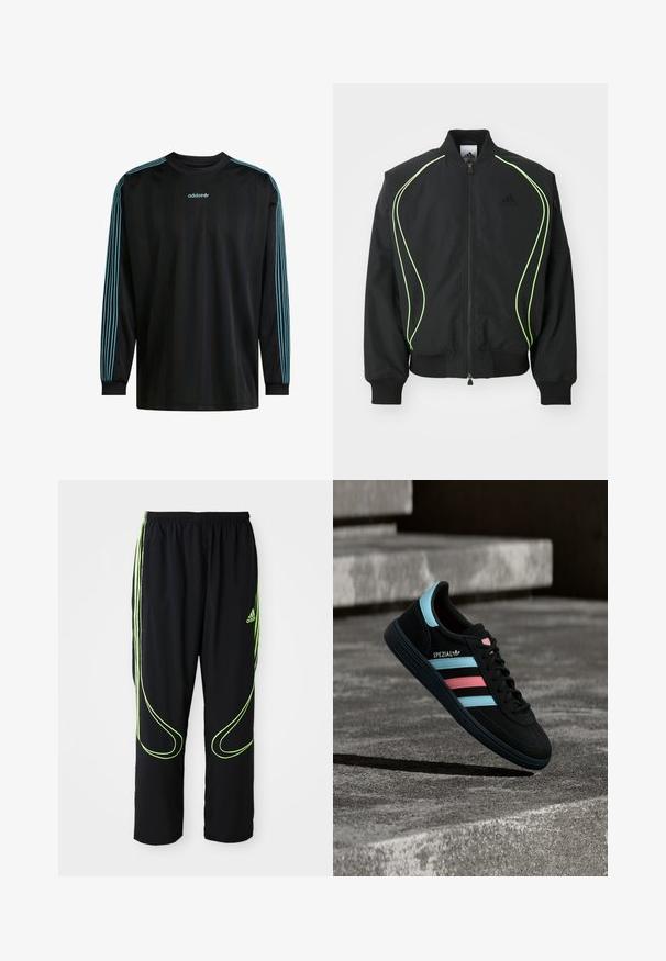 Zwarte bomberjack met neon groene piping, ribgebreide manchetten en kraag. Voorzien van een rits aan de voorkant en een zijzak met rits. Gemaakt van lichtgewicht materiaal.; Zwarte lange mouwen shirt met geribbeld kraag, voorzien van drie turquoise strepen op elke mouw en een Adidas logo op de borst.; Zwarte Adidas sportbroek met neon groene gebogen lijnen en drie strepen aan de zijkanten, elastische tailleband en het Adidas-logo op de voorkant van de bovenbenen.; Zwarte Adidas Spezial sneaker met blauwe en roze strepen, zwevend boven een getextureerd grijs betonnen oppervlak met schaduw eronder.