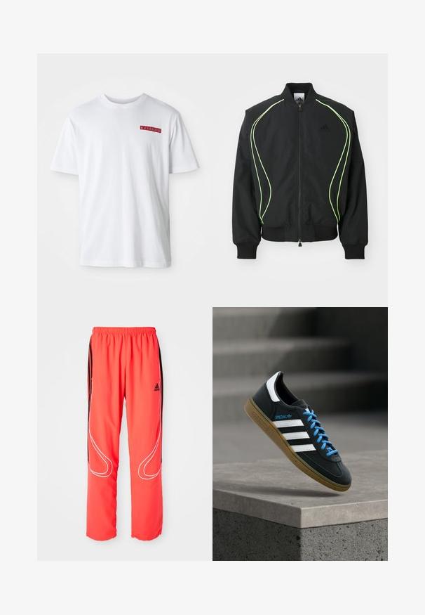 Sort bomberjakke med neongrønne detaljer, ribbede manchetter og krave. Har lynlås foran og sidelomme med lynlås. Lavet af letvægtsmateriale.; Hvid bomulds t-shirt med rund hals, korte ærmer og en lille rød grafisk detalje på venstre brystområde.; Røde sportbukser med løs pasform, elastisk talje, sorte sidelister og hvide pipinger langs benene. Adidas-logo på hoften.; Sort Adidas sneaker med hvide striber, blå snørebånd og gummisål, der svæver over gråt betontrin i blødt lys.