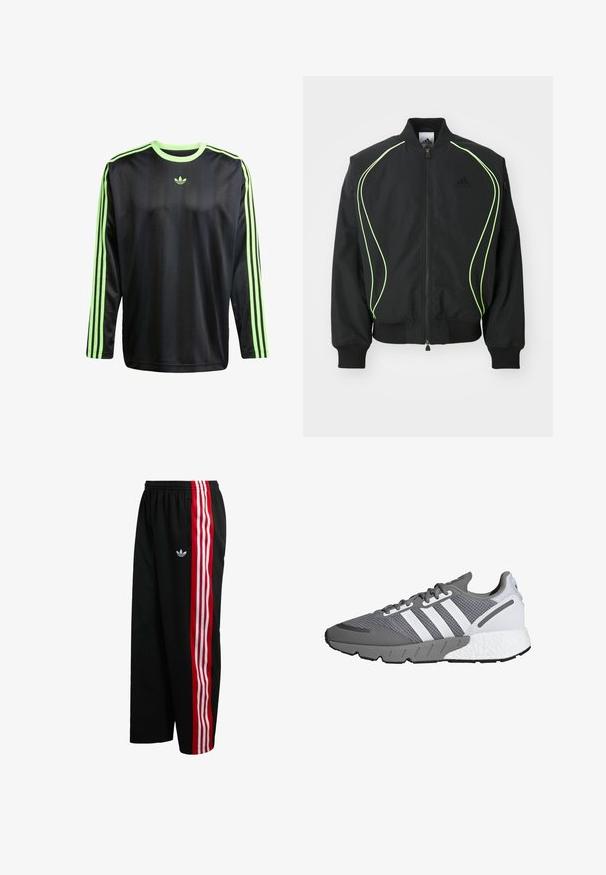 Μαύρο bomber jacket με φωσφορούσα πράσινη ραφή, ριγωτούς κορμούς και γιακά. Διαθέτει φερμουάρ μπροστά και τσέπη με φερμουάρ στο πλάι. Κατασκευασμένο από ελαφρύ υλικό.; adidas Originals JACQ - Μπλούζα με μακριά μανίκια - black signal green; Μαύροι πλεκτοί παντελόνες με φαρδιά εφαρμογή, κόκκινες και λευκές ριγέ πλευρικές λωρίδες και μικρό λευκό λογότυπο στην αριστερή πλευρά. Ελαστική μέση.; Γκρι και λευκό αθλητικό παπούτσι με δικτυωτό επάνω μέρος, τρεις λευκές ρίγες, μαλακή σόλα και υφασμάτινη γκρι ελαστική σόλα.
