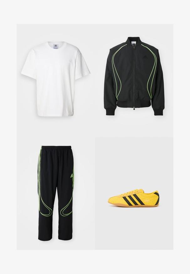 Chaqueta bomber negra con detalles en verde neón, puños y cuello acanalados. Presenta un cierre frontal con cremallera y un bolsillo lateral con cremallera. Está fabricada con material ligero.; Camiseta de algodón blanca con cuello redondo y mangas cortas. Presenta un pequeño logotipo bordado en el pecho. Diseño simple y clásico.; Pantalones deportivos Adidas negros con líneas curvas en verde neón y tres franjas en los laterales, cinturilla elástica y logo de Adidas en el muslo delantero.; Zapato deportivo amarillo con una parte superior texturizada, que presenta rayas negras y un logo. Punta redondeada, suela suave y patrón en zigzag en el material.