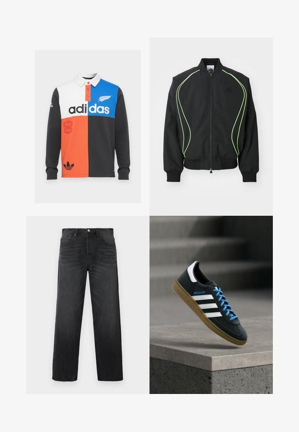 Chaqueta bomber negra con detalles en verde neón, puños y cuello acanalados. Presenta un cierre frontal con cremallera y un bolsillo lateral con cremallera. Está fabricada con material ligero.; Polo de manga larga con bloques de color en negro, blanco, naranja y azul, con cuello, tapa de botones y una destacada marca de Adidas.; Jeans de mezclilla negros con diseño de pierna recta, que incluyen cinco bolsillos, cierre frontal con botón y un sutil desvanecimiento para aportar textura.; Zapatilla negra Adidas con franjas blancas, cordones azules y suela de goma flotando sobre un escalón de hormigón gris con luz suave.