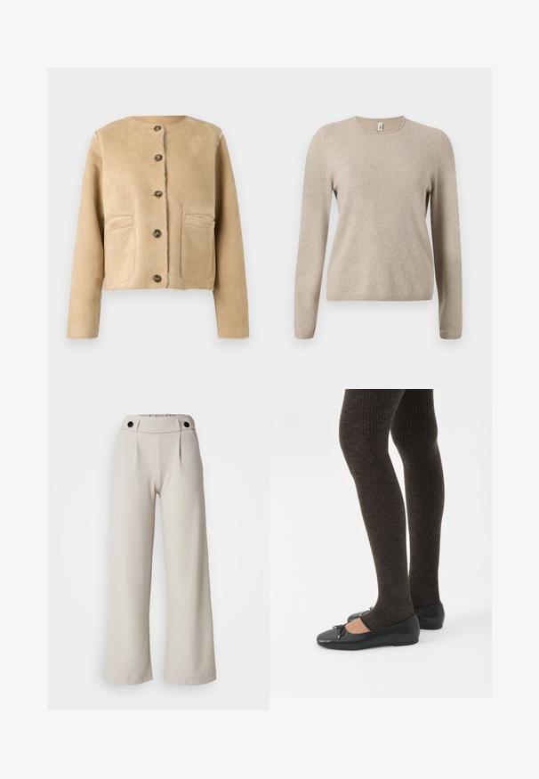 Beige suède jas met een ronde hals, vijf knopen en twee voorzakken. Korte, getailleerde snit met zichtbare naden. Gladde textuur.; Beige gebreide trui met lange mouwen, ronde hals en geribbelde manchetten. Zachte textuur met een subtiel gemêleerd patroon.; Plissé wijde broekspijpen in lichtbeige stof met een gladde textuur, voorzien van een verzamelde taille en twee zwarte knopen op de tailleband.; Benen met donkere geribbelde leggings gecombineerd met zwarte ballerina's met kleine strikdetails op een witte achtergrond.