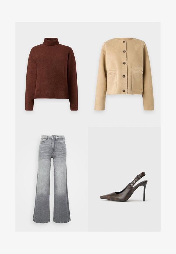 Beige ruskindjakke med rund halsudskæring, fem knapper og to forlommer. Kort, skræddersyet snit med synlige sømme. Glat tekstur.; Brun rullekrave sweater lavet af blødt strikket stof, med en afslappet pasform, ribbede manchetter og kant. Glat tekstur med minimal detaljer.; Grå denim brede ben jeans med en lys til mørk gradient, der har høj talje, fem lommer og en klassisk knaplukning.; Brune læder slingback højhælede sko med spids tå, justerbar spænde og sort stiletto hæl på ensfarvet baggrund.