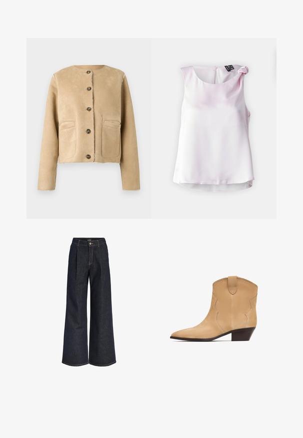 Veste en daim beige avec un col rond, cinq boutons et deux poches avant. Coupe courte et ajustée avec des coutures visibles. Texture lisse.; Haut sans manches rose clair en tissu lisse, avec un col rond et un détail en nœud sur l'épaule gauche. Texture avec un léger reflet.; Jean en denim bleu foncé à jambes larges avec plis, fermeture par bouton et passants de ceinture, présenté sur un fond blanc.; Bottine en suède beige avec un bout pointu et un subtil détail en forme de vagues, dotée d'un petit talon en bois et d'une languette à l'arrière.