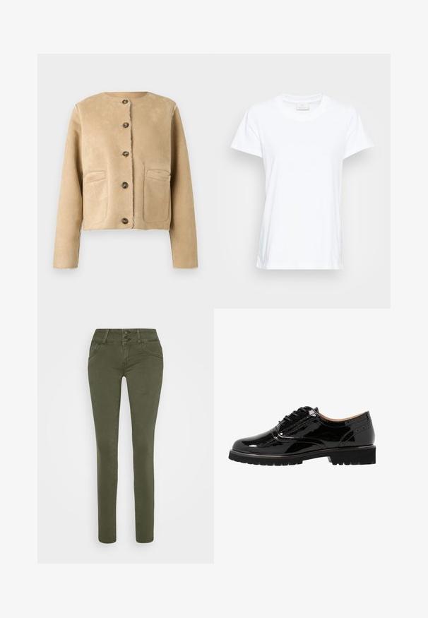 Chaqueta de ante beige con cuello redondo, cinco botones y dos bolsillos delanteros. Corte corto y entallado con costuras visibles. Textura suave.; Camiseta blanca de manga corta hecha de algodón suave. Presenta un escote redondo y un corte ligeramente holgado con aberturas laterales para mayor comodidad.; Pantalones de ajuste slim en verde oliva, confeccionados en una mezcla de algodón, con dos bolsillos frontales, cierre de botón y una textura suave y ligeramente elástica.; Zapatos de charol negro con cordones, punta redondeada, detalles de brogue, suela de goma y un acabado texturizado. Con pequeños ojales como acento.
