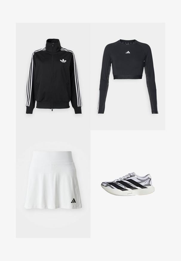 Čierna bunda na zips z hladkého materiálu, s bielymi tromi pruhmi na rukávoch a malým bielym logom na hrudi.; Čierny krátky športový top s dlhým rukávom vyrobený z hladkej textílie. Obsahuje biele logo na hrudi a pruhované detaily na rukávoch.; Biely športový sukňa s jemnou textúrou, rozšíreným strihom a čiernym logom Adidas na dolnej ľavej strane. Hladký, elastický pás.; Biely a strieborný bežecký topánok s čiernymi pruhmi, bielymi šnúrkami a hrubou bielou podrážkou označenou "Lightstrike Pro".