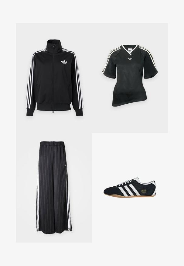 Čierna bunda na zips z hladkého materiálu, s bielymi tromi pruhmi na rukávoch a malým bielym logom na hrudi.; Čierne športové tričko s výstrihom do V, krátkym rukávom a textúrovaným vzorom chevron. Má biele tri pásikové ozdoby na ramenách a logo.; Čierne široké nohavice s vertikálnymi bielymi pruhmi, elastický pás a tri biele pruhy po stranách. Logo Adidas vpredu.; Čierne semišové tenisky s bielymi tromi pruhmi, zlatým logom a hnedou gumovou podrážkou. Disponujú nízkym šnurovacím dizajnom.