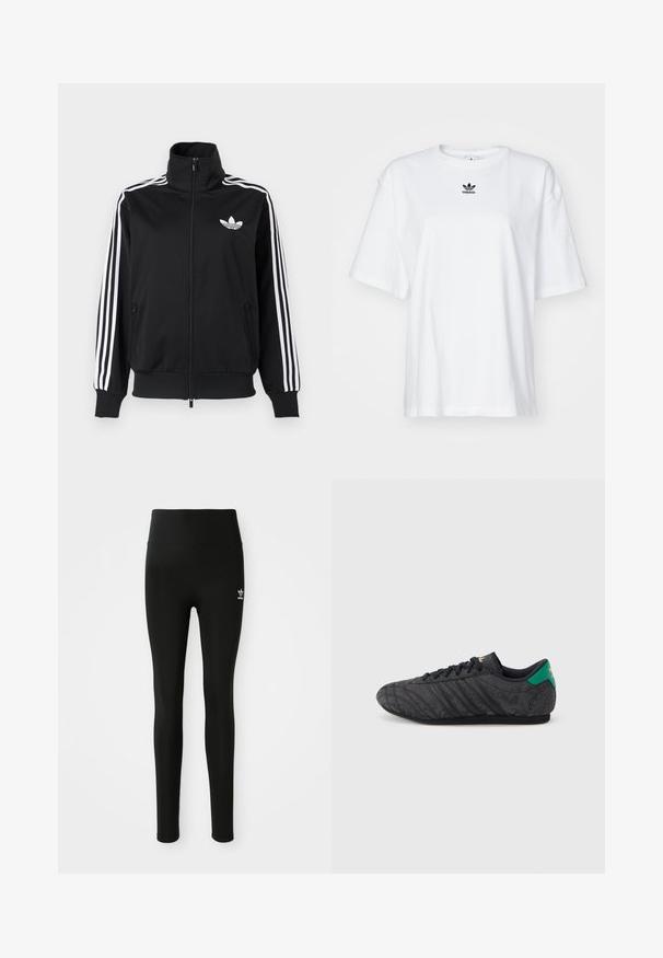 Zwarte jas met ritssluiting, gemaakt van gladde stof, met witte drie-strepen accenten op de mouwen en een klein wit logo op de borst.; Witte korte mouwen t-shirt van katoen. Voorzien van een ronde hals en een klein zwart Adidas-logo op de borst. Rechthoekige zoom.; Zwarte legging van rekbaar materiaal met een hoge taille, voorzien van een klein wit Adidas-logo op het linkerbeen. Gladde textuur.; Zwarte sneakers met een laag profiel, een subtiel bloemenpatroon, zwarte veters, een groene hielband en een gouden logo op de tong en hiel.