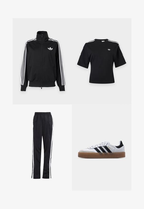 Mustast, siledast kangast tõmblukuga jakk, millel on valged kolm triipu varrukatel ja väike valge logo rinnal.; Mustad lühikeste varrukatega Adidas T-särk valgete kolme triibu detailidega õlgadel ja väikese valge Adidas Trefoil logoga rinnal.; Mustad mustreid püksid valgete külgede triipudega, elastse vöökohtaga ja logo plaastriga. Valmistatud siledast, kergekaalusest kangast. Sirge sääre disain.; Valged nahast tossud mustade triipudega, kummist välistald, ümmargune nina, seotud sulgemine ja pehme hall suede ninaosa.