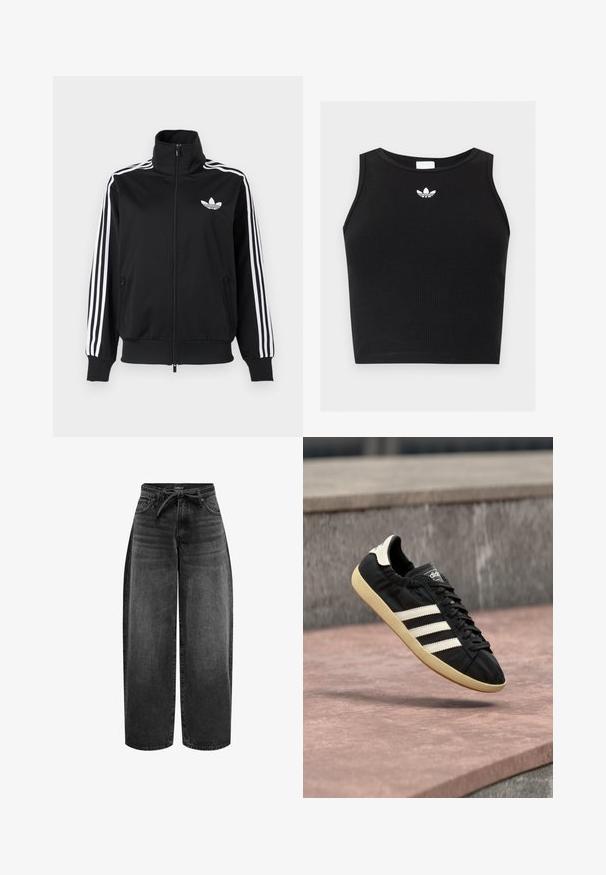 Sort lynlåstrøje lavet af glat stof med hvide tre-stribe accenter på ærmerne og et lille hvidt logo på brystet.; Sort ribbet ærmeløs crop top med rund halsudskæring og lille hvid Adidas trefoil-logo centreret nær kraven.; ONLY Straight fit ONLGIANNA Mid waist Balloon - Jeans Straight Leg - washed black; Sort Adidas sneaker med hvide striber og beige sål, fanget i luften over en stenet overflade og baggrund af en stenmur.