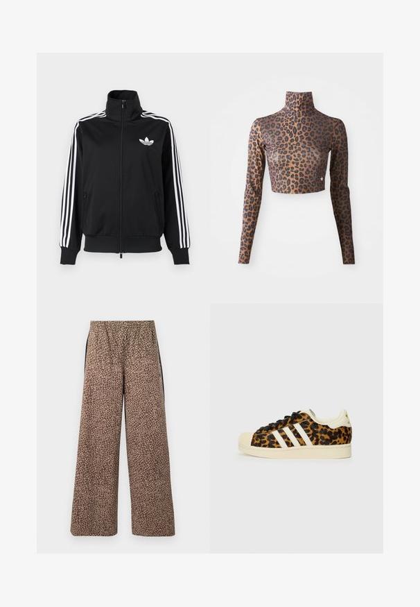 Zwarte jas met ritssluiting, gemaakt van gladde stof, met witte drie-strepen accenten op de mouwen en een klein wit logo op de borst.; Leopardprint langsl sleeve crop top in bruin en zwart, met een hoge hals en een strakke, gladde textuur. Subtiele logo-detail aan de rand.; Bruine broek met brede pijpen met een beige dierenprintpatroon, elastische tailleband en contrasterende zwarte zijstrepen. Zachte stoftextuur.; Luipaardprint sneakers met zwarte veters, witte drie-streep ontwerp, crèmekleurige rubberen neus en zool, gestructureerd bovenmateriaal.