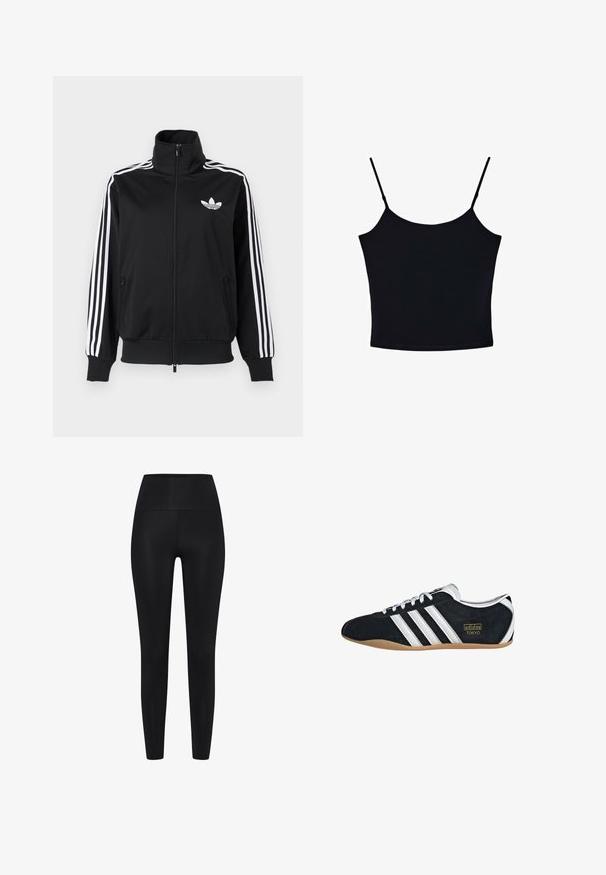 Schwarze Zip-up-Jacke aus glattem Stoff, mit weißen Drei-Streifen-Akzenten an den Ärmeln und einem kleinen weißen Logo auf der Brust.; Stradivarius TOP - Top - black; Schwarze Leggings aus dehnbarem Stoff. Hohe Taillenhöhe, glatte Textur, körpernahe Silhouette, keine sichtbaren Muster oder Verzierungen.; Schwarze Wildledersneaker mit drei weißen Streifen, goldenem Logo und brauner Gummisohle. Merkmale ein niedrigprofiliertes Schnürdesign.