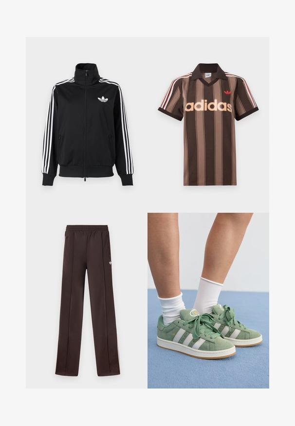 Mustast, siledast kangast tõmblukuga jakk, millel on valged kolm triipu varrukatel ja väike valge logo rinnal.; Pruunide triipudega Adidas polotee, V-kaelusega, bordeau krae ja punase logoga. Omad valge ja punase triibuga õlad ning lühikesed varrukad.; Tumedat pruunid Adidas jooksepüksid elastse vöökohaga, külgedel lukuga taskud ja väike valge Trefoil logo paremal reiel.; Roheline sametist tossud valgete triipudega. Omavad ümmarguseid paelu, tekstureeritud keelti ja ringikujulist logo keeltel.