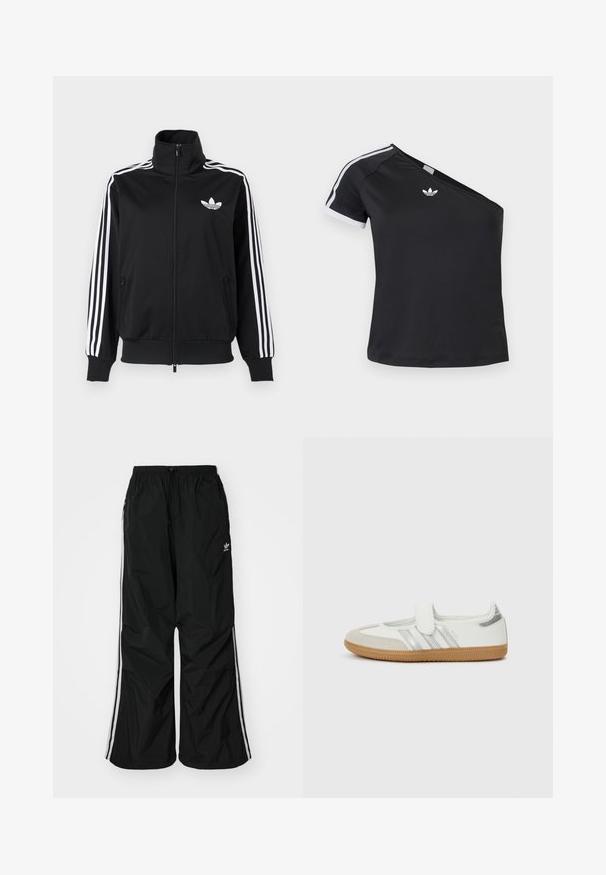 Veste noire zippée en tissu lisse, avec des accents à trois bandes blanches sur les manches et un petit logo blanc sur la poitrine.; T-shirt Adidas noir à une épaule avec bordure blanche sur la manche courte et logo centré près de l'encolure.; Pantalons coupe-vent noirs avec une taille élastique, cordon de serrage, rayures blanches sur les côtés, coupe loose, arborant un petit logo sur le côté gauche.; Baskets blanches avec rayures argentées, embout en daim et bande velcro. Semelle en caoutchouc gomme texturée. Design minimaliste avec une finition lisse.