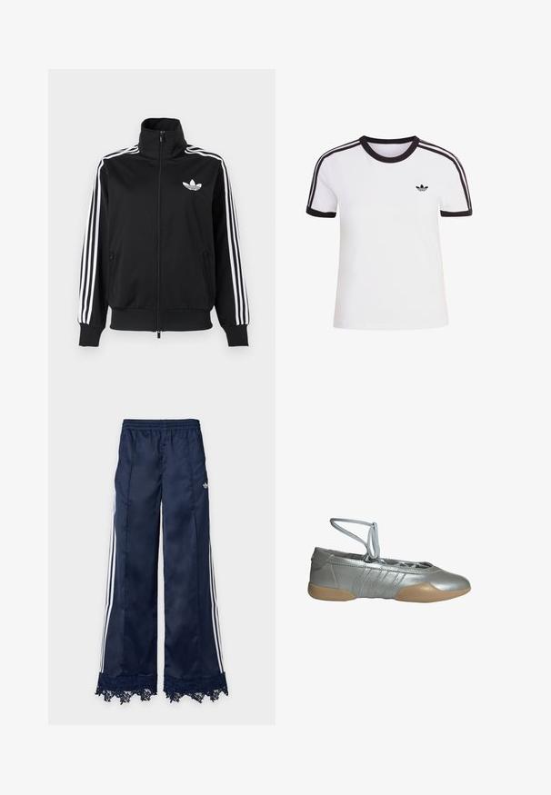 Čierna bunda na zips z hladkého materiálu, s bielymi tromi pruhmi na rukávoch a malým bielym logom na hrudi.; Biele tričko s krátkym rukávom s čiernymi detailmi, s okrúhlym výstrihom a tromi čiernymi pruhmi na každom ramene. Malé čierne logo na hrudi.; Tmavomodré široké tepláky s bielymi bočnými pásmi, elastickým pásom, logom adidas na bokoch a čipkovaným lemom.; Strieborná baletná balerína s béžovou gumovou podrážkou a viazaním okolo členka, navrhnutá pre ľahké pohodlie a pružné prispôsobenie.