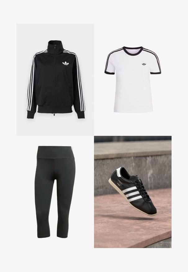 Čierna bunda na zips z hladkého materiálu, s bielymi tromi pruhmi na rukávoch a malým bielym logom na hrudi.; Biele tričko s krátkym rukávom s čiernymi detailmi, s okrúhlym výstrihom a tromi čiernymi pruhmi na každom ramene. Malé čierne logo na hrudi.; Čierne kapri legíny vyrobené z elastického materiálu, s širokým pásom a bielymi bočnými pruhmi pre kontrast a detail.; Čierna kožená teniska s bielymi pruhmi a podrážkou, zaviazaná šnúrkami, vznášajúca sa nad ružovkastým betónovým povrchom s sivou kamennou stenou v pozadí.