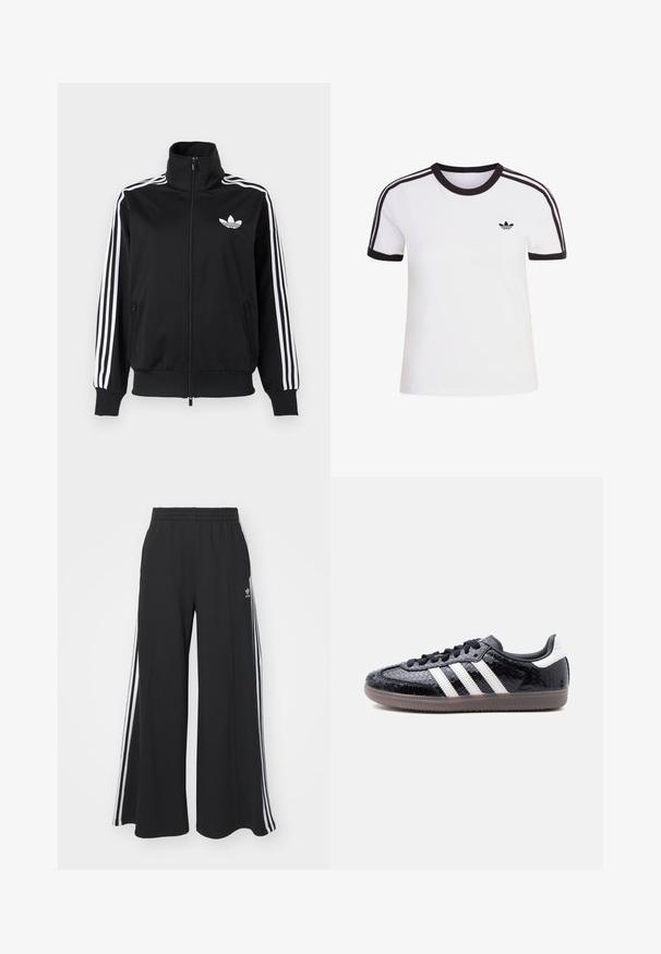 Sort lynlåstrøje lavet af glat stof med hvide tre-stribe accenter på ærmerne og et lille hvidt logo på brystet.; Hvid kortærmet t-shirt med sorte detaljer, der har rund halsudskæring og tre sorte striber på hver skulder. Lille sort logo på brystet.; Sorte bukser med vide ben og elastik i taljen, med tre hvide striber langs ydersiderne og et lille logo foran.; Lavprofils sort sneaker med tekstureret slangeskindsmønster, hvide striber på siden, sorte snørebånd og en gennemsigtig brun sål.