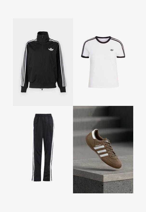 Schwarze Zip-up-Jacke aus glattem Stoff, mit weißen Drei-Streifen-Akzenten an den Ärmeln und einem kleinen weißen Logo auf der Brust.; Weißes kurzärmliges T-Shirt mit schwarzen Akzenten, mit rundem Ausschnitt und drei schwarzen Streifen auf jeder Schulter. Kleines schwarzes Logo auf der Brust.; Schwarze Jogginghose mit weißen Seitenstreifen, elastischem Bund und einem Logo-Patch. Hergestellt aus glattem, leichtem Stoff. Gerades Bein-Design.; Brauner Adidas Spezial Sneaker aus Wildleder mit weißen Streifen und Schnürsenkeln, schwebt über einer grauen Betonkante vor unscharfem Treppenhintergrund.