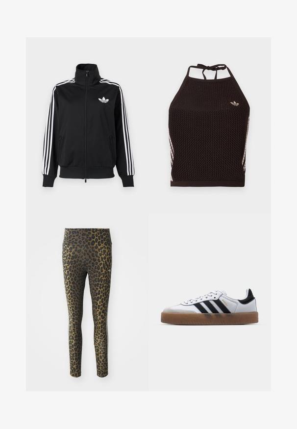 Sort lynlåstrøje lavet af glat stof med hvide tre-stribe accenter på ærmerne og et lille hvidt logo på brystet.; Sort mesh halter crop top med tekstureret design. Har pink accentstriber og en lille logo foran. Lukning med bånd bagpå.; Pletterede leggings med høj talje, strækbart stof og sorte accenter på en lys brun bund, designet til komfort og pasform.; Hvide lædersneakers med sorte striber, gummirubber sål, rund tå, snørelukning og blød grå ruskinds tåhætte.