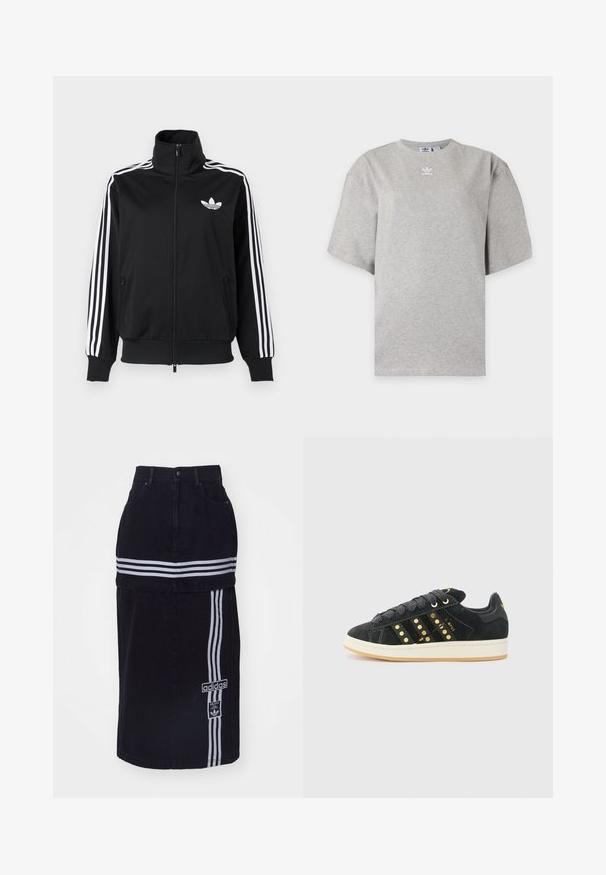 Veste noire zippée en tissu lisse, avec des accents à trois bandes blanches sur les manches et un petit logo blanc sur la poitrine.; T-shirt Adidas gris clair à manches courtes avec col rond et petit logo Adidas blanc sur la poitrine, présenté sur un fond simple.; Jupe en denim noir à taille haute, avec deux bandes horizontales blanches, une étiquette de logo Adidas sur le côté et un design droit.; adidas Originals CAMPUS 00S W - Baskets basses - core black/carbon/gold-coloured