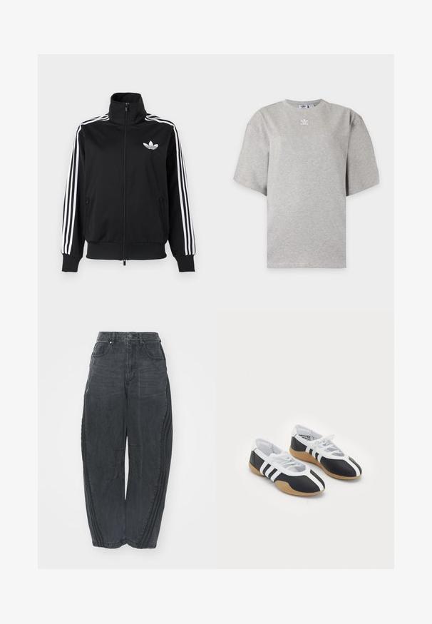 Čierna bunda na zips z hladkého materiálu, s bielymi tromi pruhmi na rukávoch a malým bielym logom na hrudi.; Svetlosivé tričko Adidas s krátkym rukávom, okrúhlym výstrihom a malým bielym logom Adidas na hrudi, zobrazené na jednoduchom pozadí.; Voľné čierne denimové džínsy so zosušeným povrchom, piatimi vreckami, zapínaním na gombík v páse a prešívaním na prednej strane a po stranách.; Čierne a biele športové topánky s elegantným dizajnom, gumovou podrážkou, šnurovaním a tromi bielymi prúžkami na bokoch.