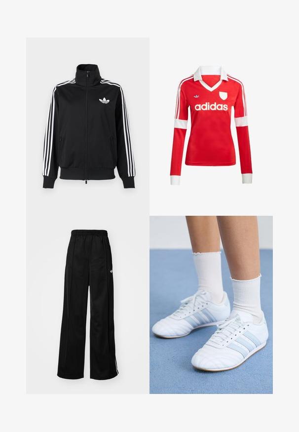Čierna bunda na zips z hladkého materiálu, s bielymi tromi pruhmi na rukávoch a malým bielym logom na hrudi.; Červený futbalový dres s dlhým rukávom a bielym golierom a manžetami. Na ramenách sú tri biele pruhy a výrazne zobrazené logo "adidas".; Čierne široké teplákové nohavice s elastickým pásom, s bielymi bočnými pruhmi a malým logom na ľavom boku. Hladký textil.; Biele kožené športové topánky so svetlomodrými pruhmi, textúrovaným špičkou a bielymi ponožkami. Zobrazené na modrom koberci.