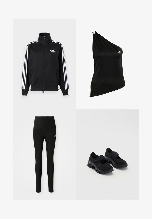 Schwarze Zip-up-Jacke aus glattem Stoff, mit weißen Drei-Streifen-Akzenten an den Ärmeln und einem kleinen weißen Logo auf der Brust.; Schwarzes One-Shoulder-Top aus weichem, glattem Stoff mit einem dezenten geometrischen Muster und kleinem weißem Logo auf der Brust.; Schwarze Leggings aus dehnbarem Material mit hohem Bund, ausgestattet mit einem kleinen weißen Adidas-Logo am linken Bein. Glatte Textur.; Schwarze Sportschuhe mit Mesh-Obermaterial, sicherem Riemen über dem Mittelfuß, dicke Sohle mit abgerundeten Ausschnitten und strukturierten Details an den Seiten.