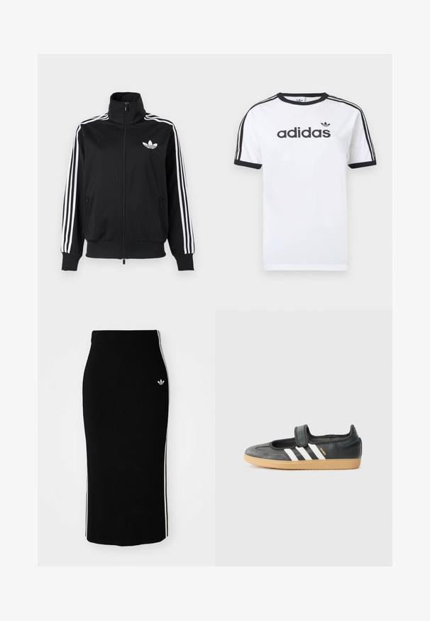 Schwarze Zip-up-Jacke aus glattem Stoff, mit weißen Drei-Streifen-Akzenten an den Ärmeln und einem kleinen weißen Logo auf der Brust.; Weißes Baumwoll-T-Shirt mit schwarzen Akzenten, verfügt über einen Rundhalsausschnitt, kurze Ärmel, drei schwarze Streifen auf den Schultern und das "adidas"-Logo in Schwarz.; Schwarzer, gerippter Midikleid mit einem taillierten Design, das weiße Seitenstreifen und ein kleines weißes Emblem auf der linken Seite aufweist.; Schwarze Leder- und Wildledersneaker mit einem Klettverschluss, ausgestattet mit drei weißen Streifen und einer Gummisohle, beschriftet mit "SAMBA" an der Seite.