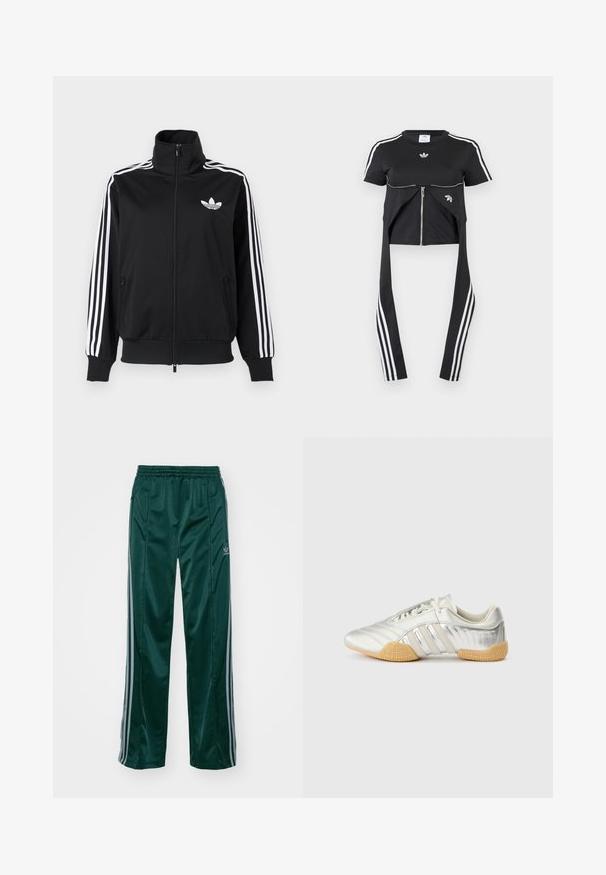 Čierna bunda na zips z hladkého materiálu, s bielymi tromi pruhmi na rukávoch a malým bielym logom na hrudi.; Čierny top s krátkym rukávom, bielymi pruhmi Adidas na rukávoch, detailom predného zipsu a predĺženými panelmi látky visiacimi dole s tromi bielymi pruhmi.; Tmavozelené športové nohavice vyrobené z lesklého materiálu, s bočnými pruhmi v svetlošedej farbe a vyšitým logom na ľavom stehne.; Strieborná športová obuv s hladkým koženým zvrškom, gumovou podrážkou a textúrovanými detailmi. Má zakrivený dizajn a šnúrky v rovnakom odtieni.