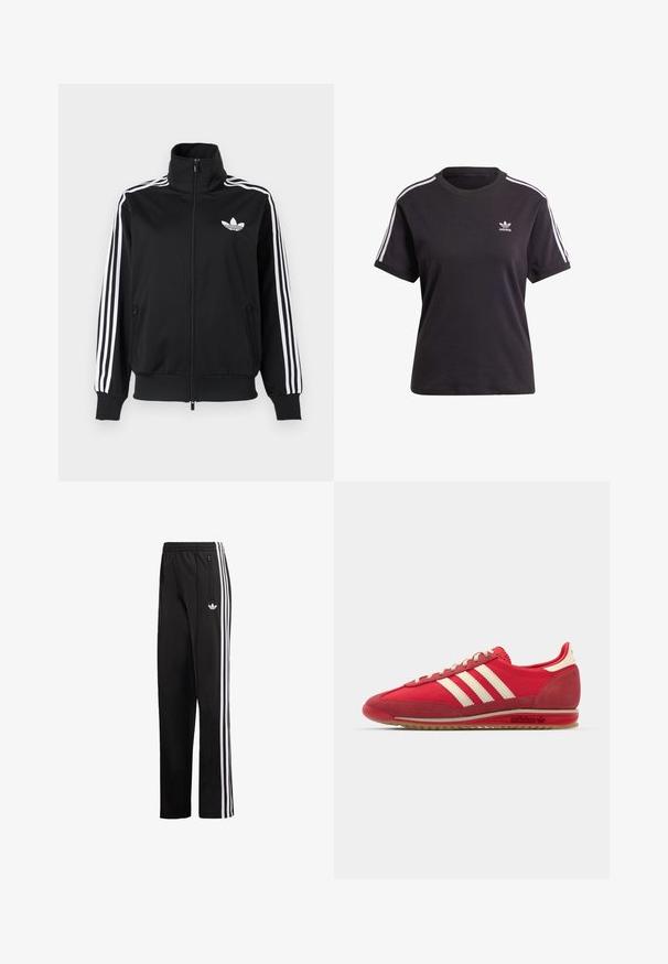 Chaqueta negra con cremallera hecha de tela suave, con acentos blancos de tres franjas en las mangas y un pequeño logo blanco en el pecho.; Camiseta de algodón negra de manga corta con cuello redondo, que presenta rayas blancas en los hombros y un pequeño logo blanco de Adidas en el pecho.; Pantalones deportivos negros de tela suave, con rayas verticales blancas en los costados y un pequeño logotipo en la cadera izquierda.; Zapatilla deportiva roja con parte superior texturizada, tres rayas blancas, puntera redonda y suela de goma con detalles del logo en el costado.