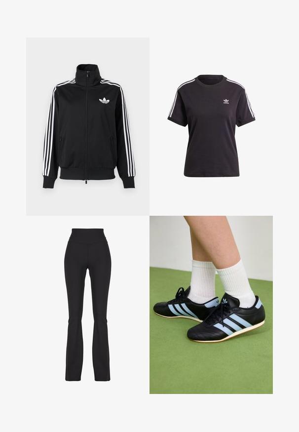 Sort lynlåstrøje lavet af glat stof med hvide tre-stribe accenter på ærmerne og et lille hvidt logo på brystet.; Sort bomulds t-shirt med korte ærmer og rund hals, der har hvide striber på skuldrene og et lille hvidt Adidas-logo på brystet.; Sorte flared leggings lavet af strækbart stof, med en høj talje og glat tekstur, designet til komfort og bevægelighed.; Sorte lædersportssko med lyseblå striber, teksturerede overdele og gummisko, parret med hvidt ribbet sokker på grønne gulve.