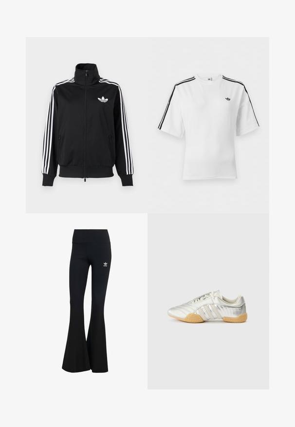Schwarze Zip-up-Jacke aus glattem Stoff, mit weißen Drei-Streifen-Akzenten an den Ärmeln und einem kleinen weißen Logo auf der Brust.; Weißes kurzärmeliges Adidas T-Shirt mit schwarzen drei Streifen auf den Schultern und dem Adidas Trefoil-Logo auf der linken Brust.; Schwarze gerippte Schlagleggings mit einem breiten Bund, ausgestattet mit einem kleinen weißen Adidas-Logo auf der oberen linken Seite. Weicher Stoff.; Silberner Sportschuh mit glattem Lederobermaterial, Gummisohle und strukturierten Akzenten. Verfügt über ein geschwungenes Design und tonale Schnürsenkel.