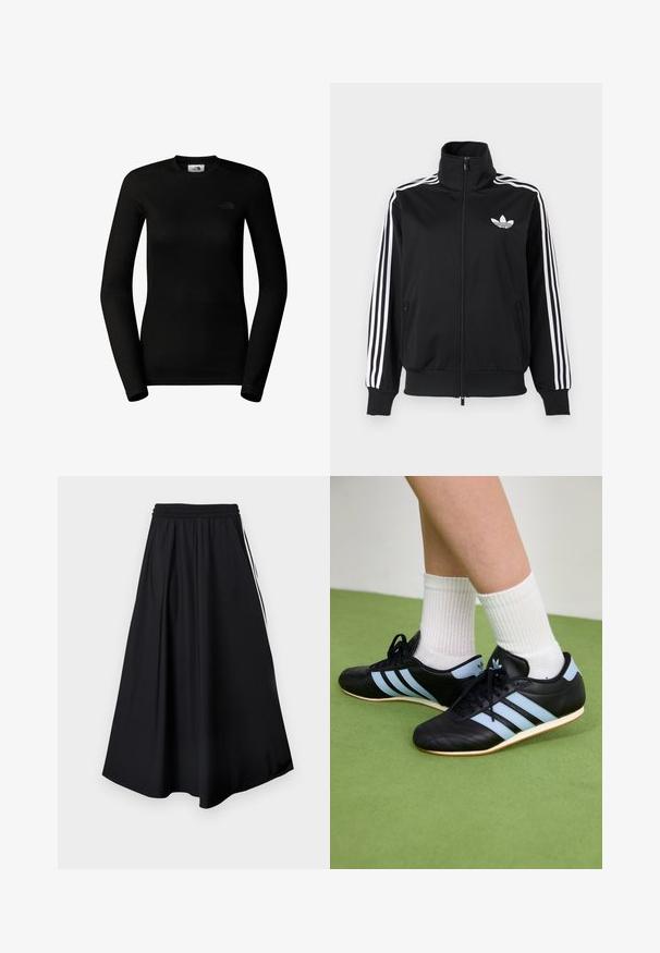 Sort lynlåstrøje lavet af glat stof med hvide tre-stribe accenter på ærmerne og et lille hvidt logo på brystet.; The North Face W EASY L/S CREW NECK - Langærmet T-shirt - tnf black; Sorte bukser med vidde i benene, elastisk talje og hvide sidestriber, vist mod en simpel hvid baggrund.; Sorte lædersportssko med lyseblå striber, teksturerede overdele og gummisko, parret med hvidt ribbet sokker på grønne gulve.