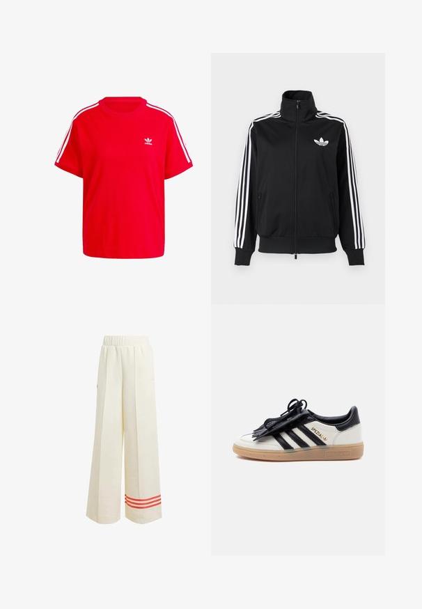 Čierna bunda na zips z hladkého materiálu, s bielymi tromi pruhmi na rukávoch a malým bielym logom na hrudi.; Červené bavlnené tričko s okrúhlym výstrihom, krátkymi rukávmi, bielymi trojprúžkovými akcentmi na pleciach a malým bielym logom na hrudi.; Krémové nohavice s širokým strihom a textúrovaným povrchom, ktoré majú uvoľnený strih, elastický pás a červené pruhy na lemovaní.; Biely a čierny teniska Adidas Spezial s gumovou podrážkou, čiernymi pruhmi a čiernym krytom na šnúrkach na jednoduchom svetlom pozadí.