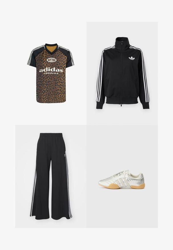 Sort lynlåstrøje lavet af glat stof med hvide tre-stribe accenter på ærmerne og et lille hvidt logo på brystet.; adidas Originals LEO PRINT SATIN - T-shirts print - multicolor bronze strata; Sorte bukser med vide ben og elastik i taljen, med tre hvide striber langs ydersiderne og et lille logo foran.; Sølvfarvet sportssko med en glat læderoverdel, gummisål og teksturerede detaljer. Har et buet design og tonede snørebånd.