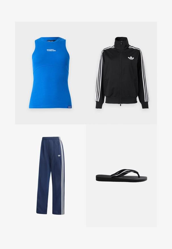 Zwarte jas met ritssluiting, gemaakt van gladde stof, met witte drie-strepen accenten op de mouwen en een klein wit logo op de borst.; Blauw mouwloos topje gemaakt van ribgebreid materiaal. Heeft een ronde halslijn en een horizontaal logo "RACING RED BULL" aan de voorkant.; Donkerblauwe Adidas trainingsbroek met witte drie strepen langs de zijkanten, elastische tailleband, ritssluiting in de zak en Adidas trefoil-logo op de linker dij.; Zwarte rubberen teenslipper met gestructureerd voetbed en een glad Y-vormig bandje op een effen lichte achtergrond.