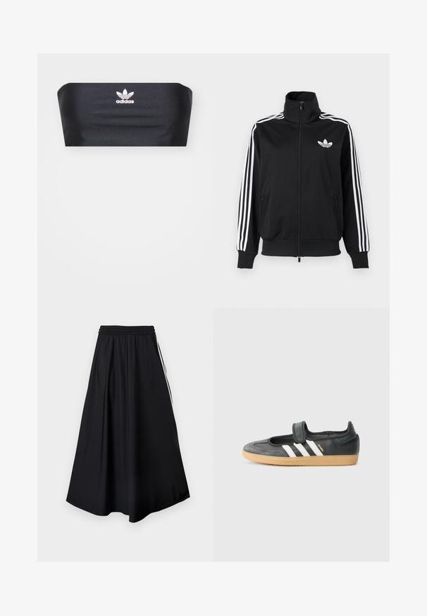 Schwarze Zip-up-Jacke aus glattem Stoff, mit weißen Drei-Streifen-Akzenten an den Ärmeln und einem kleinen weißen Logo auf der Brust.; Schwarzes Bandeau-Top aus glattem Stoff, mit einem weißen Adidas-Logo, das in der Mitte auf der Vorderseite platziert ist, ohne zusätzliche Muster oder Verzierungen.; Schwarze weit geschnittene Hose mit elastischem Bund und weißen Seitenstreifen, vor einem schlichten weißen Hintergrund präsentiert.; Schwarze Leder- und Wildledersneaker mit einem Klettverschluss, ausgestattet mit drei weißen Streifen und einer Gummisohle, beschriftet mit "SAMBA" an der Seite.