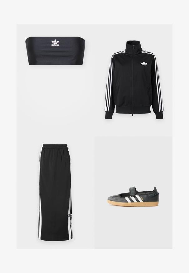 Zwarte jas met ritssluiting, gemaakt van gladde stof, met witte drie-strepen accenten op de mouwen en een klein wit logo op de borst.; Zwarte bandeau-top van soepel stof, met het witte Adidas-logo gecentreerd aan de voorkant, zonder extra patronen of versieringen.; Zwarte lange sportieve rok met witte zijpanelen en zwarte strepen, elastische tailleband en Adidas logo patch nabij de onderzoom.; Zwarte leren en suède sneaker met een klittenbandsluiting, voorzien van drie witte strepen en een gumzool, met de naam "SAMBA" aan de zijkant.