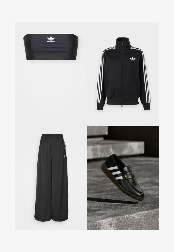 Čierna bunda na zips z hladkého materiálu, s bielymi tromi pruhmi na rukávoch a malým bielym logom na hrudi.; Čierny bandeau top vyrobený z hladkej textílie, s bielym logom Adidas umiestneným v strede na prednej strane, bez ďalších vzorov alebo ozdôb.; Čierne široké tréningové nohavice vyrobené z hladkej látky. Obsahujú elastický pás a bočné pruhy s logom.; Čierny kožený mokasín s bielymi pruhmi a hnedou podrážkou, umiestnený nad betónovými schodmi, ktoré vrhajú tieň na zem.