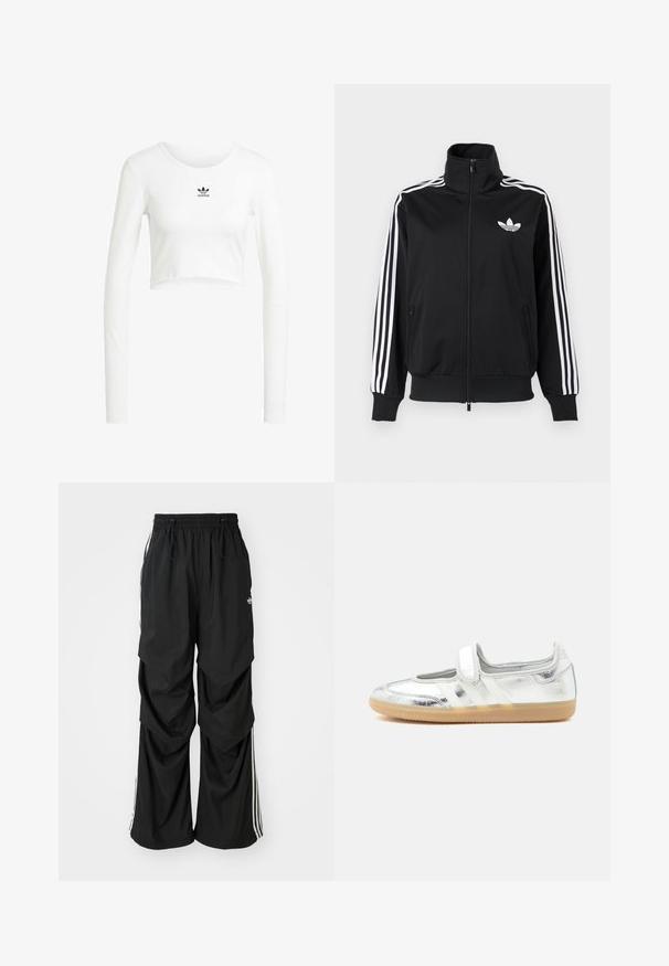 Sort lynlåstrøje lavet af glat stof med hvide tre-stribe accenter på ærmerne og et lille hvidt logo på brystet.; Hvid cropped langærmet skjorte lavet af ribbet bomuld. Har rund hals og lille sort Adidas-logo på brystet.; Sorte løstsiddende bukser med elastisk talje, snøre og hvide sidestriber; lavet af letvægtsstof med en glat tekstur.; Sølvmetallic Mary Jane-sko med velcro-rem og beige gummisål, vist fra indersiden på en hvid baggrund.