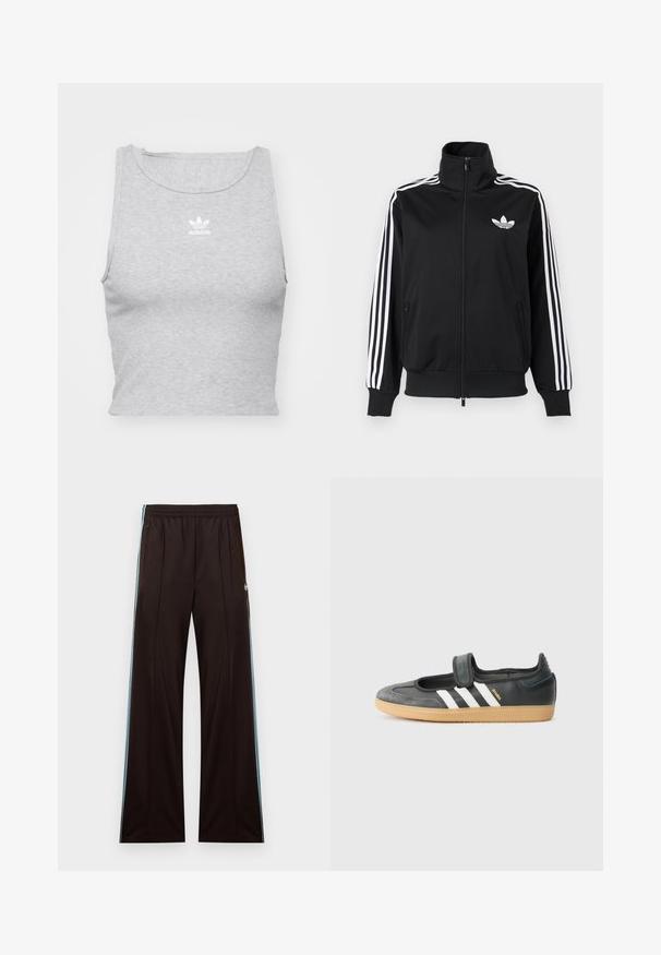 Čierna bunda na zips z hladkého materiálu, s bielymi tromi pruhmi na rukávoch a malým bielym logom na hrudi.; Šedý, bezrukávový crop top vyrobený z jemnej látky, s okrúhlym výstrihom a malým bielym logom Adidas na hrudi.; Čierne široké teplákové nohavice s svetlomodrými bočnými pruhmi, elastickým pásom, vreckami na zips a logom Adidas na ľavom bedre.; Čierne kožené a zamšové tenisky s Velcro pásikom, s tromi bielymi pruhmi a gumenou podrážkou, označené nápisom "SAMBA" na boku.