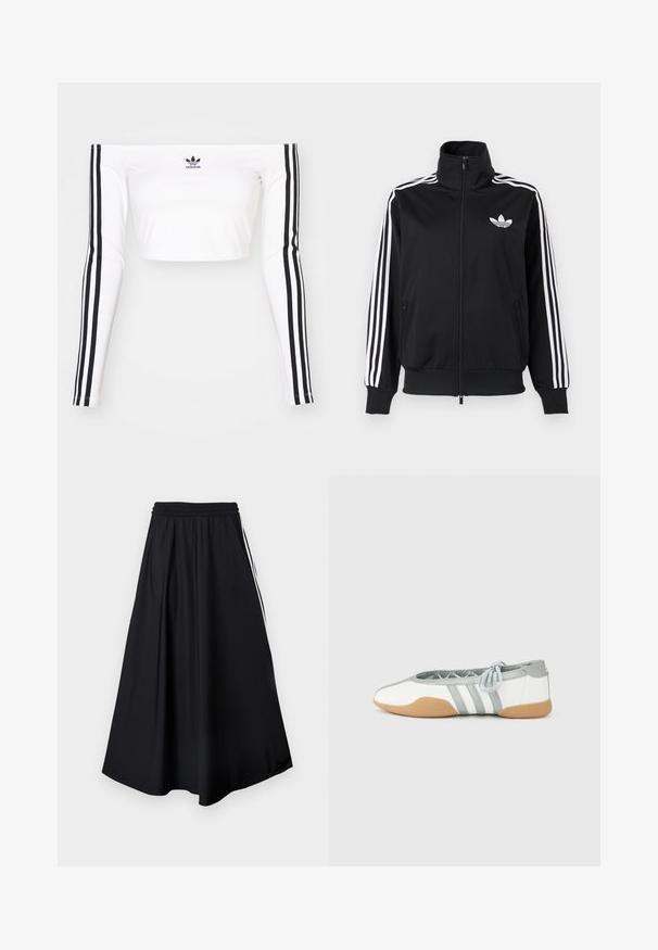 Musta vetoketjullinen takki, valmistettu sileästä kankaasta, jossa valkoiset kolmiraidat hihoissa ja pieni valkoinen logo rinnassa.; Valkoinen pitkä hiha off-shoulder crop-top venyvässä kankaassa. Ominaisuuksiin kuuluu mustat kolmonauha-akkentit hihoissa ja pieni musta logo rinnassa.; Musta leveälahkeiset housut, joissa on kuminauhavyötärö ja valkoiset sivuraidat, esitetty yksinkertaisen valkoisen taustan edessä.; Valkoiset ja harmaat balleriinat pyöreällä kärjellä ja joustavalla nauhalla, joissa on kolme harmaata raitaa ja beige kumipohja.