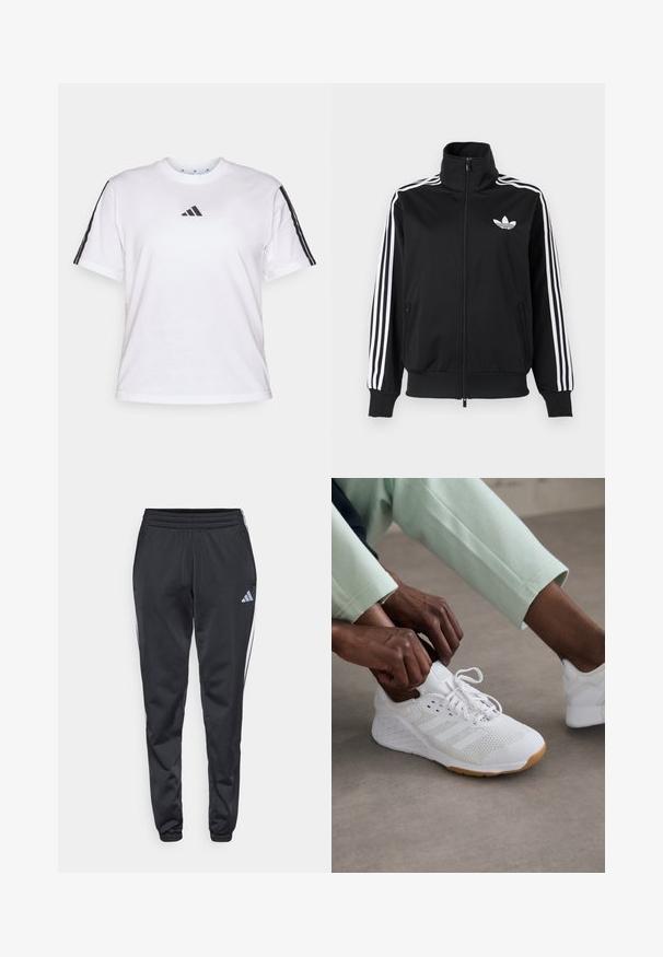 Čierna bunda na zips z hladkého materiálu, s bielymi tromi pruhmi na rukávoch a malým bielym logom na hrudi.; Biela bavlnená tričko s okrúhlym výstrihom, krátkymi rukávmi a čiernymi trojprúžkovými akcentmi na pleciach so značkou Adidas na hrudi.; Čierne športové nohavice s elastickým pásom, zúženými nohavicami a bielymi bočnými pruhmi. Na ľavom stehne je malé šedé logo trefoil.; Biele športové topánky s hornou časťou z sieťoviny, gumovou podrážkou a dizajnom so tromi prúžkami. Šnúrky sa upravujú; viditeľné svetlošedé a mätovo zelené oblečenie.