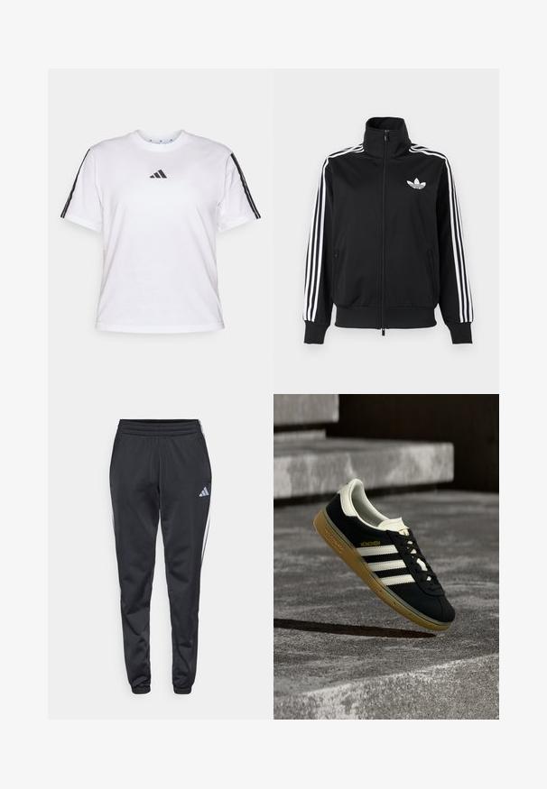 Čierna bunda na zips z hladkého materiálu, s bielymi tromi pruhmi na rukávoch a malým bielym logom na hrudi.; Biela bavlnená tričko s okrúhlym výstrihom, krátkymi rukávmi a čiernymi trojprúžkovými akcentmi na pleciach so značkou Adidas na hrudi.; Čierne športové nohavice s elastickým pásom, zúženými nohavicami a bielymi bočnými pruhmi. Na ľavom stehne je malé šedé logo trefoil.; Čierna teniska Adidas München s bielymi pruhmi a gumovou podrážkou vznášajúca sa nad textúrovanými betónovými schodmi.
