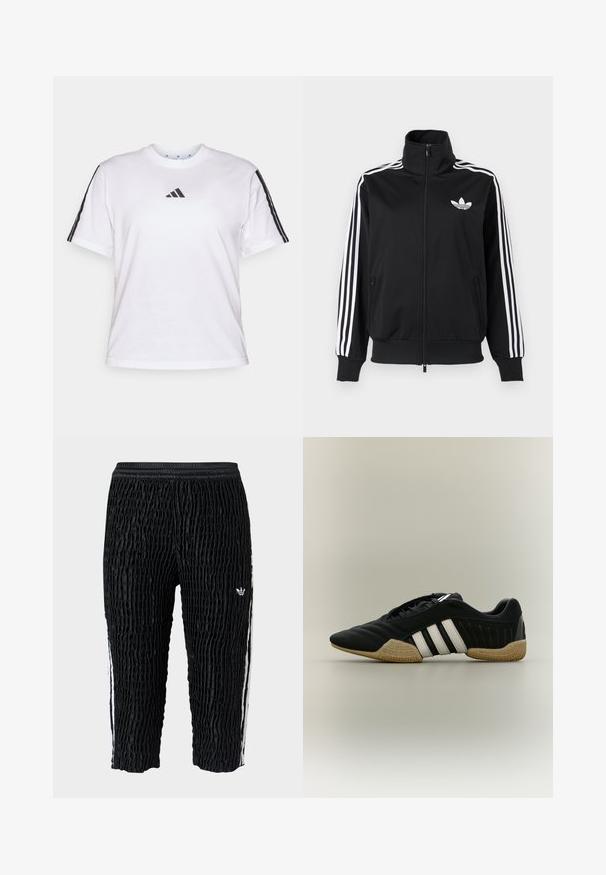 Čierna bunda na zips z hladkého materiálu, s bielymi tromi pruhmi na rukávoch a malým bielym logom na hrudi.; Biela bavlnená tričko s okrúhlym výstrihom, krátkymi rukávmi a čiernymi trojprúžkovými akcentmi na pleciach so značkou Adidas na hrudi.; Čierne teplákové nohavice Adidas s textúrou, elastickým pásom, bielymi bočnými pruhmi a malým bielym logom Adidas na stehne, so skrátenou dĺžkou.; Čierna športová obuv s bielymi pruhmi a béžovou textúrovanou podrážkou na neutrálom pozadí, zobrazená zo strany.