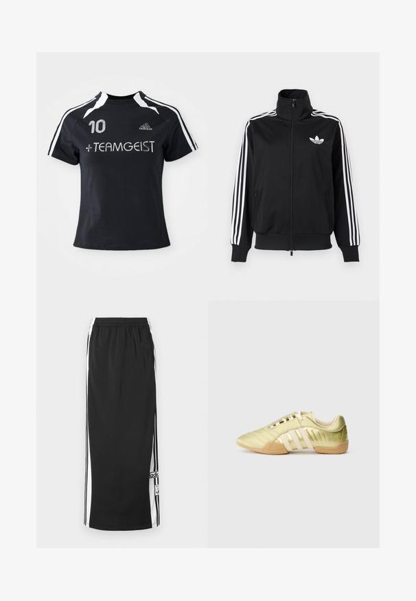 Mustast, siledast kangast tõmblukuga jakk, millel on valged kolm triipu varrukatel ja väike valge logo rinnal.; Must must sleevesega jersy, millel on valged triibud, esiküljel on broderitud number "10" ja "+ TEAMGEIST". Valmistatud pehmest ja hingavast materjalist.; Must pikkate sportseelik valgete külgsisete ja mustade triipudega, elastse vöökohaga ning Adidas logo plaastriga alumise ääre lähedal.; Lime rohelised sünteetilisest materjalist spordijalats, millel on sile pind, kolm valget triipu, pehme sisemine vooder ja tekstuuriga kummist välistald.